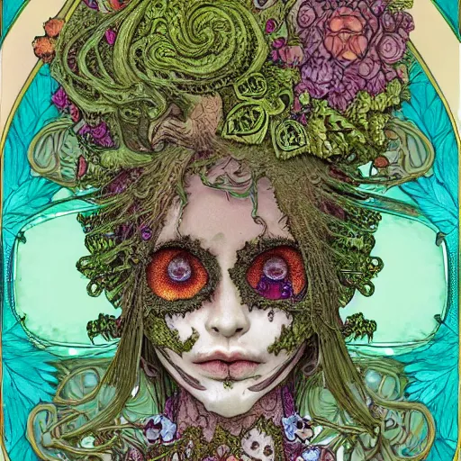 Image similar to detailed rotten woman skull corpse with fractal plants and fractal flowers and mushrooms growing around, symmetrical, ornate, ornamentation, illustration, in the style of art nouveau, mucha