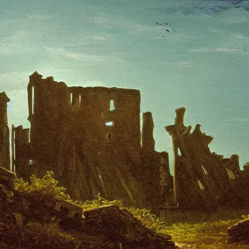 Image similar to a painting of a ruined castle, in the style of caspar david friedrich