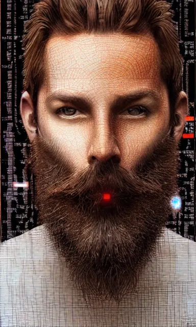 Image similar to cinematic dramatic movie poster of a short beard hypnotist, made of binary numbers and programming code, by peter gric, very artistic, artstation