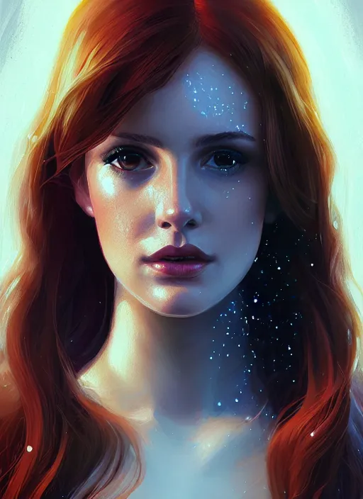 Image similar to portrait of teenage cheryl blossom, bangs and wavy hair, bangs, intricate, elegant, glowing lights, highly detailed, digital painting, artstation, concept art, smooth, sharp focus, illustration, art by wlop, mars ravelo and greg rutkowski