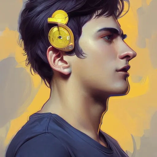 Image similar to ultra realistic illustration, a young man with black hair, in a yellow t - shirt, with blue eyes, highly detailed, digital painting, artstation, concept art, smooth, sharp focus, illustration, art by artgerm and greg rutkowski and alphonse mucha