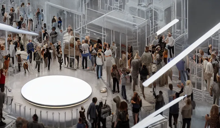 Image similar to crowd of people in simple white museum, looking at hologram of futuristic metropolis on a circular table, cinematic concept art, godrays, golden hour, natural sunlight, 4 k, clear details, tabletop model buildings, center model buildings, hologram center, crane shot, crane shot, crane shot, white walls