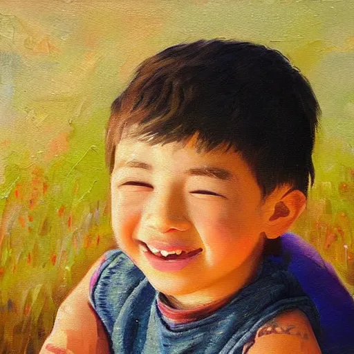 Prompt: “a little boy happy golden hour oil panting”