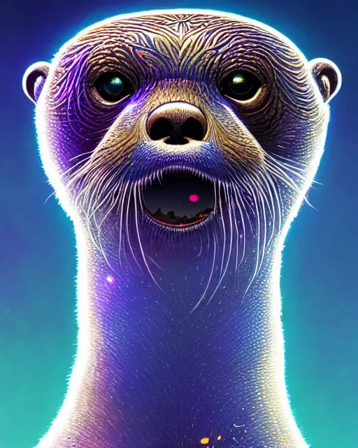 Image similar to highly detailed surreal vfx portrait of a metallic chromatic geometric tribal otter, behance, stephen bliss, unreal engine, greg rutkowski, loish, rhads, beeple, makoto shinkai and lois van baarle, ilya kuvshinov, rossdraws, tom bagshaw, alphonse mucha, global illumination, detailed and intricate environment