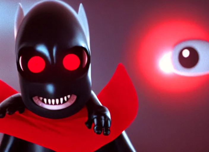 Prompt: film still of nibbler, a small black alien with a single antennae on his head, large eyes and 2 fangs wearing a diaper and red cape in the new scifi movie, 4 k
