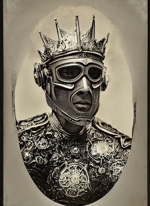 Image similar to old wetplate daguerreotype frame portrait of a futuristic silver armored king arthur with white hair and beard emperor district 9 cyborg, fractal, intricate, elegant, highly detailed, subsurface scattering, by jheronimus bosch and greg rutkowski and louis jacques mande daguerre