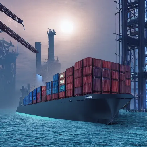 Image similar to photo of Immense industrial futuristic cargo ship arrives at cyber punk city sea port, cinematic lighting, photo