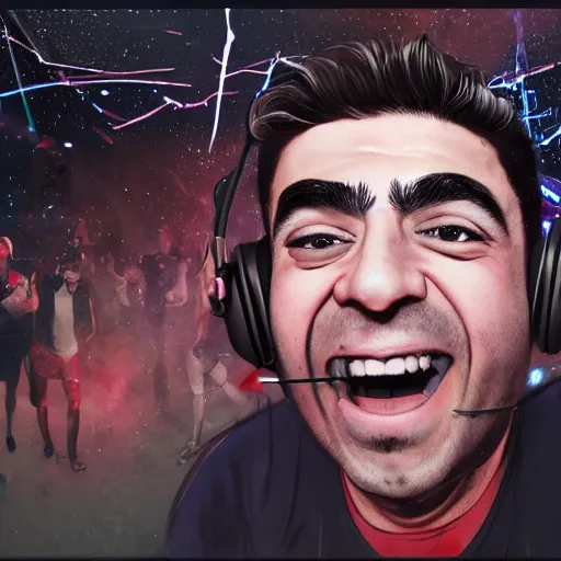 Image similar to tony khan wearing a headset, screaming furiously, cocaine everywhere, scared people in the background, intense, hyper detailed, artstation, flashing lights, hype anger, 8 k