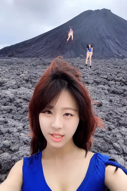 Prompt: female kpop idol selfie in front of an active volcano, trending on Twitter, cinematic, hair blowing in the wind, Korean woman, makeup, unbelievable photo, selca, asia, hawaii, asian, 20’s, young woman, beautiful photography, high quality