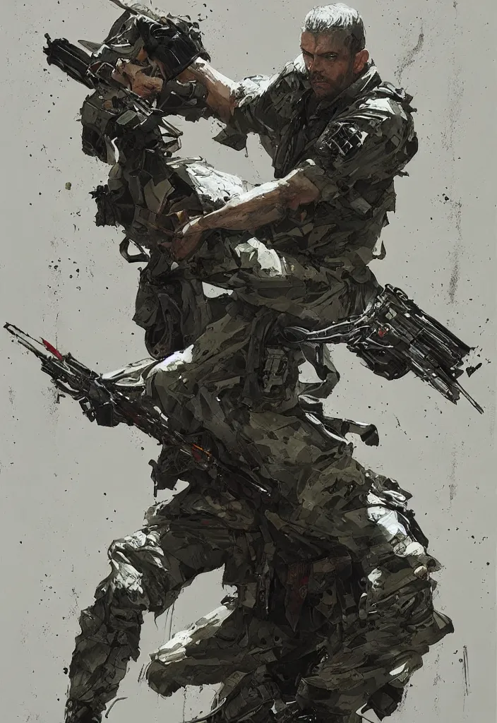 Image similar to A Private Military Operative holding combat knife in combat stance, by Greg Rutkowski, hyper detailed modern European ink painting, a masterpiece, inspired by Metal Gear, by Johnson Ting, Steven Blomkamp, Daniel Hahn