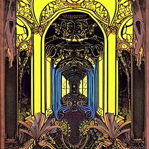 Prompt: art nouveau temple, giant majestic archways, waterfalls, ornate ancient temple, decorative fractal edges, gas lantern street lights, intricate ornate growth, intricate ornate opalescent central mandala, fine lines, clean lines, parallax poster composition, drawn by aubrey beardsley, harry clarke, Verneuil, mucha, henri gillet, William Morris, John Henry Dearle