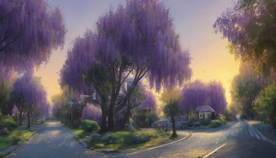 Image similar to landscape of a beautiful street full of wysteria flowers, purple lighting, sunset, dusk. old houses by the roads and fir trees. hyper detailed, artstation cgsociety, 8 k