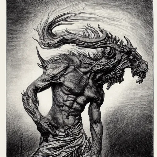 Prompt: full body grayscale drawing by Gustave Dore of muscled horned humanoid beast, swirling flames