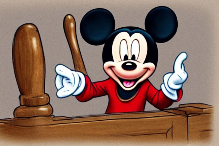 Image similar to courtroom sketch of vintage disney character mickey mouse presenting evidence of copyright infringement to the judge bench court room wooden serious dark tone