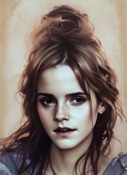 Image similar to oil painting of emma watson giving biting her lip seductive look. beautiful detailed face. by artgerm and greg rutkowski and alphonse mucha