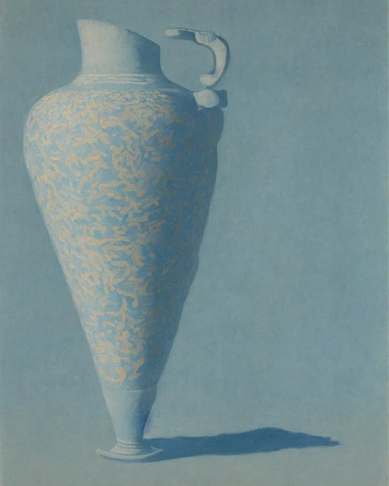 Prompt: achingly beautiful print of intricately painted ancient greek amphora on baby blue background by rene magritte, monet, and turner.