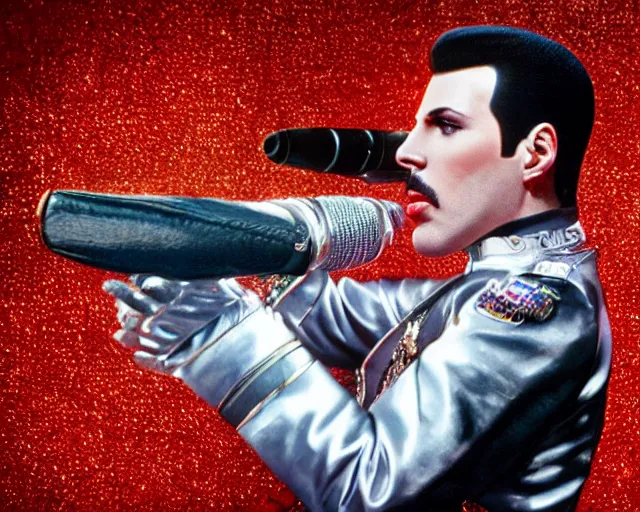 Image similar to 4 k hd, high resolution photograph of freddy mercury, full colour, shot with sigma f / 4. 2, 2 5 0 mm sharp lens, wide shot, high level texture render