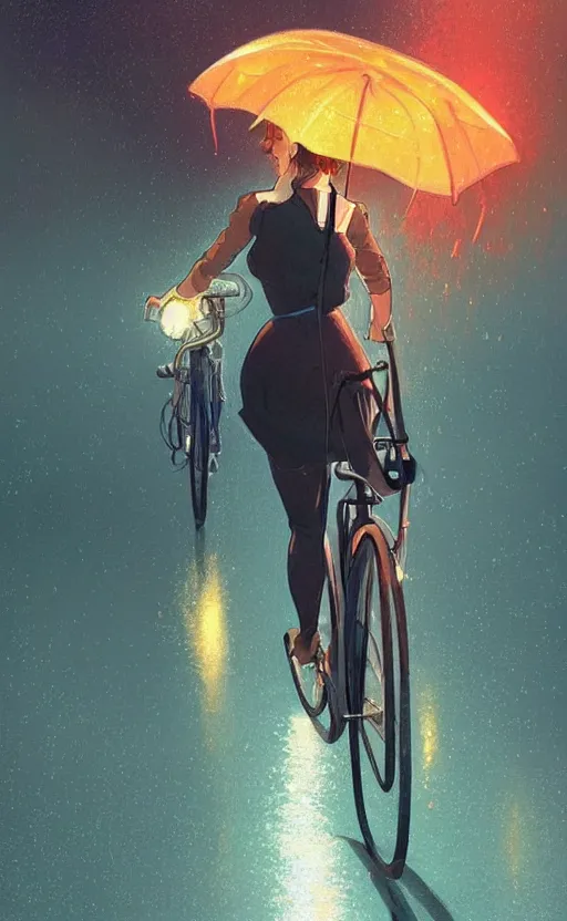 Prompt: a beautiful illustration of a woman riding a bicycle in a rainy night, fiery particles!!!, anime aesthetic, midnight theme, depth of field, bokeh, composition study, featured on artstation, by art by artgerm and greg rutkowski and alphonse mucha, vertical orientation