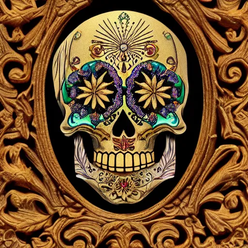Prompt: intricately carved sugar skull, intricate ornament, gilding, digital art