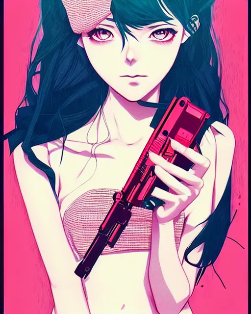 Prompt: girl holding flashbang, detailed manga illustration!! intricate details, beautiful perfect face, perfect body, aesthetically pleasing pastel colors, poster background, aesthetic details, art by conrad roset and ilya kuvshinov