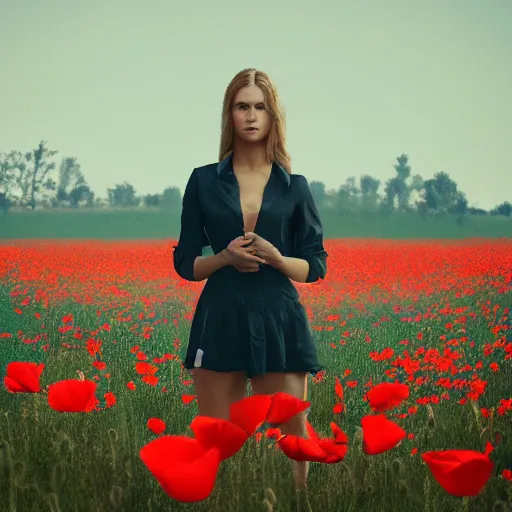 Image similar to a beautiful woman standing next to a field of poppies, dutch, blonde, tall, pretty, atmospheric, epic composition, trending on artstation, octane render