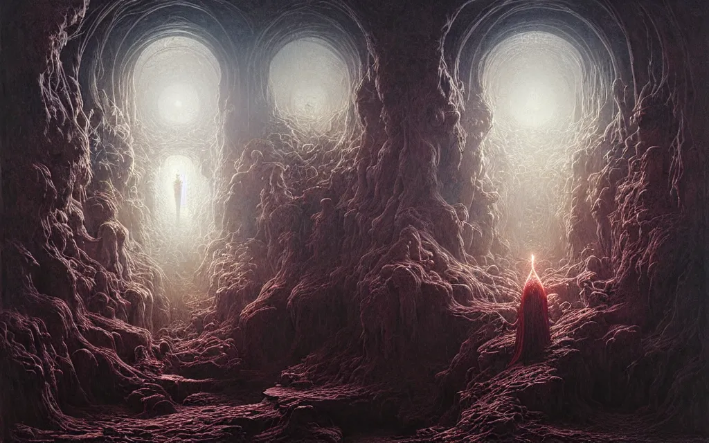 Prompt: the final realm, a portal to the underworld, mystic art, detailed painting by greg rutkowski and gustave dore and zdzisław beksinski, intricate detail