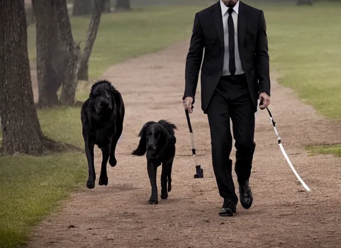 Image similar to film still of john wick played by keanu reeves walking his dog in the park in the new john wick movie, 4 k