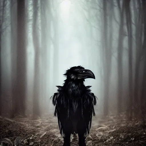 Image similar to werecreature consisting of a crow and a human, featured on artstation, photograph captured in a dark forest