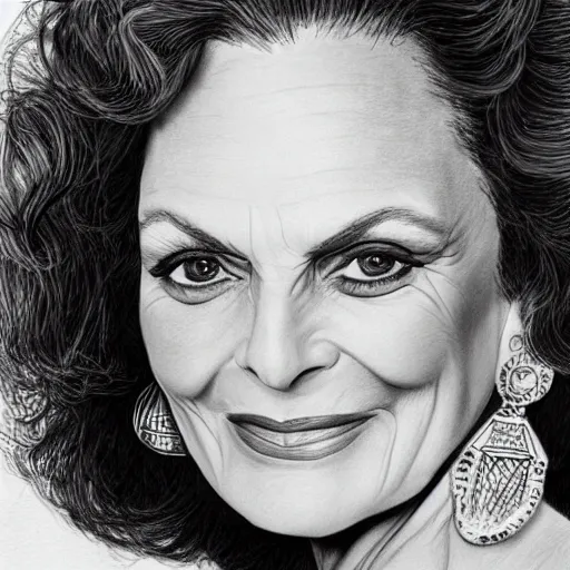 Image similar to pencil illustration of Diane von furstenberg highly detailed, cinematic,