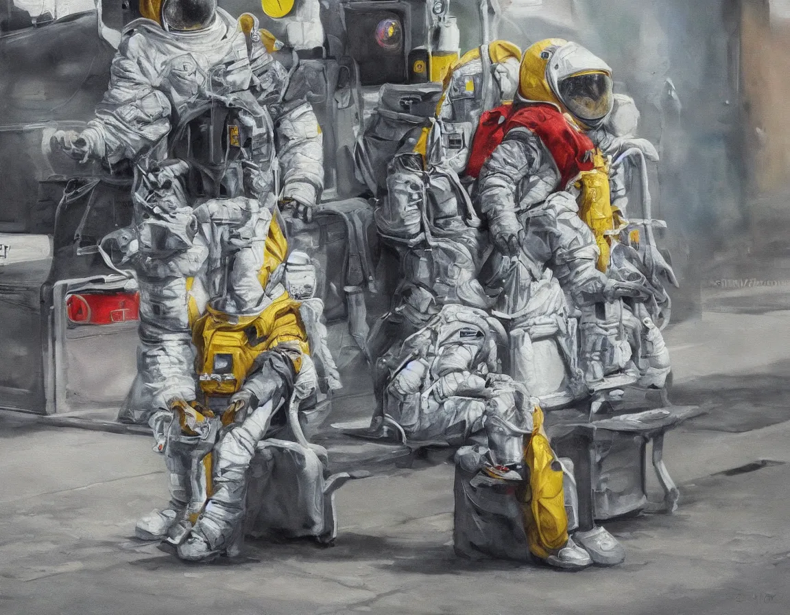 Image similar to hyper realistic oil painting of sitting astronaut waiting for the bus at the bus stop, hd, hdr, by stanisław wyspianski, ultra detailed, high resolution