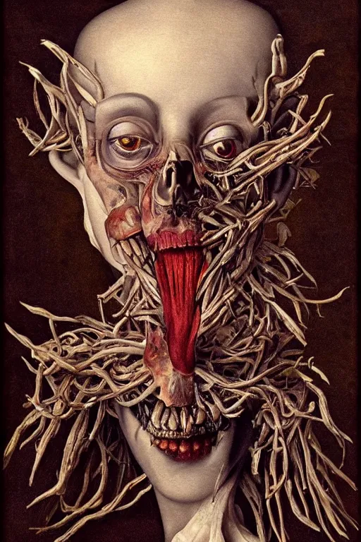 Image similar to Detailed maximalist portrait with large lips and eyes, scared, botanical skeletal with extra flesh, HD mixed media, 3D collage, highly detailed and intricate, surreal illustration in the style of Caravaggio, dark art, baroque