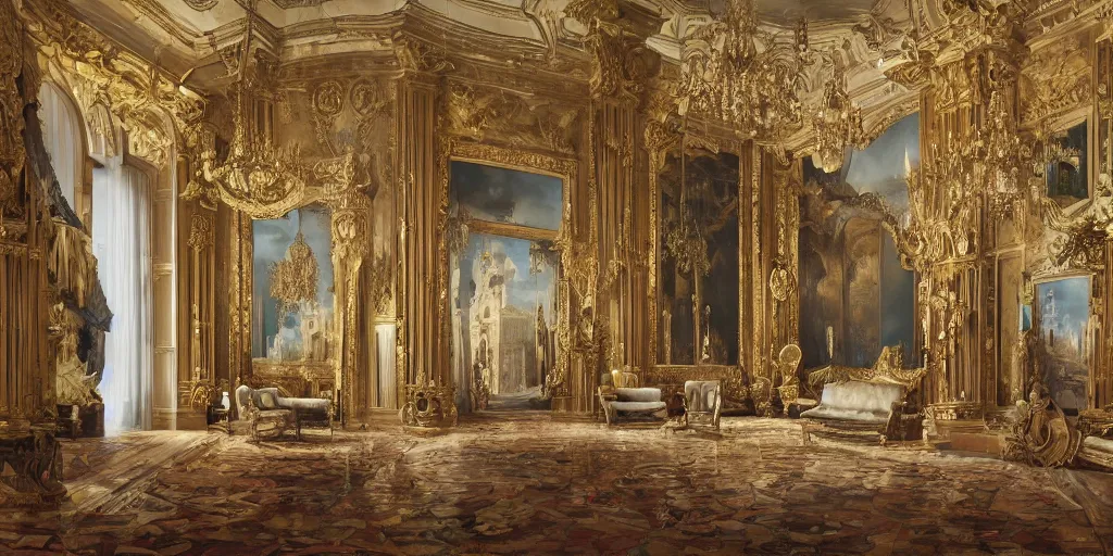 Prompt: 8k highly detailed oil matte painting by Charles Landelle of an art gallery wall with many oil paintings, decadent throne room, ornate furniture, ornate French architecture, futuristic chandeliers
