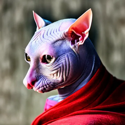 Image similar to hairless sphynx cat in samurai armor