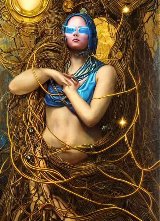 Prompt: oil painting of android woman immersed in the mystical tree, druid goddess, retro futurism, renaissance painting, baroque, steampunk, golden jewellery, shining crystals, cords and wires, vr googles, filigree, biomechanics, cinematic light, 8 k