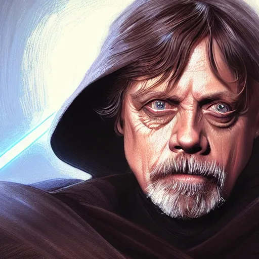 Image similar to Mark Hamill as a Sith Lord, western, D&D, fantasy, intricate, elegant, highly detailed, digital painting, artstation, concept art, matte, sharp focus, illustration, art by Artgerm and Greg Rutkowski and Alphonse Mucha