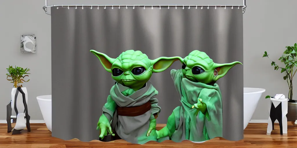 Image similar to a ( ( ( ( ( mando mandalorian ) ) ) ) ) baby yoda themed shower curtain, shower curtain. product photography. product lighting. digital art. 4 k, highly detailed. saturated. 3 d render.