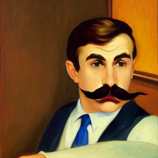 Image similar to a brown haired man with a mustache staring deeply at camera, detailed, edward hopper,