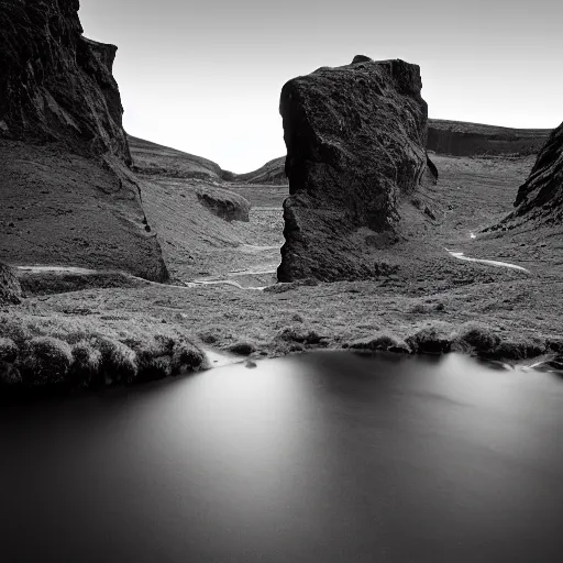 Prompt: minimalist black and white photograph of an icelandic gorge, time exposure, of a river, sharp tall pillars, sharp rocks,