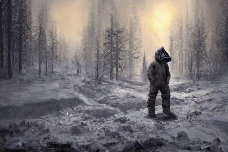 Image similar to ryan church jon mccoy concept art mood painting man wearing grey hazmat suit gp - 5 gas mask sitting against concreate wall snow covered field watching the beautiful winter sunrise burning ruins in background forest