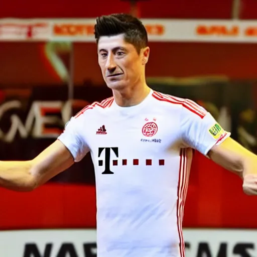 Image similar to robert lewandowski in a kfc t - shirt