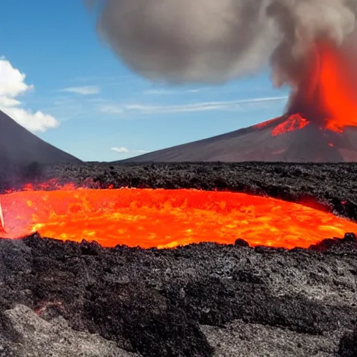 Image similar to man in a swimsuit sunbathing under an umbrella on a volcano with magma eruptions and lava flowing, steam and smoke from smoldering rocks