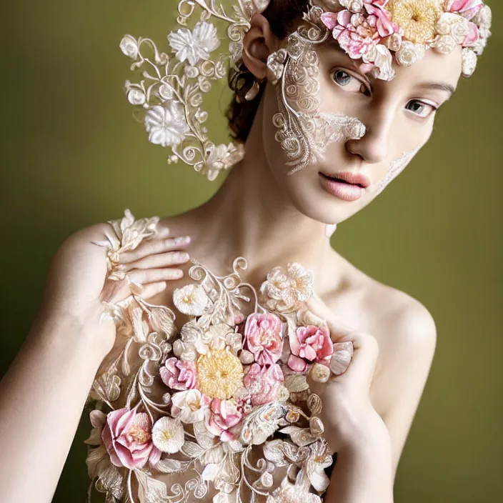 Image similar to photo portrait of a beautiful woman dressed in long elegant intricate ornamental ethereal floral dress, natural skin tone, highly detailed realistic flowers ornament in the upper side of breast, bust with a long beautiful neck , long blond hair are intricate with highly detailed realistic flowers, elegant, Realistic, Refined, Highly Detailed, natural outdoor soft pastel lighting colors scheme, outdoor fine art photography by la Chapelle, volumetric lighting, hyper realistic photography
