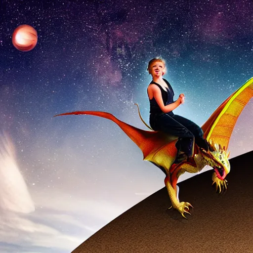 Image similar to Kayla riding a dragon through space