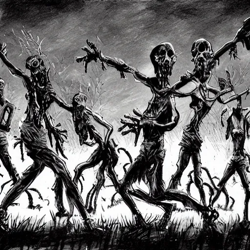 Image similar to zombie horde in an open farm field, drawn by ben templesmith