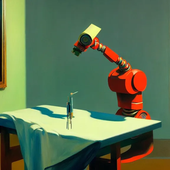 Image similar to beautiful illustration of a robotic arm painting an artwork on a canvas with a paintbrush by Edward Hopper, clean lines, very detailed, colorful octane render