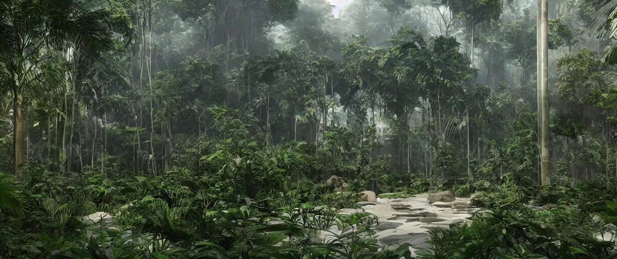 Image similar to architecture inspired by renzo piano deep in the rainforest. nature is taking over. matte painting. unreal engine 5 render. hdr. volumetric lighting. global illumination. atmospheric.