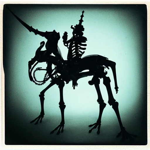 Image similar to frog horseman riding a glowing baroque unicorn skeleton in a thick fog, polaroid photography in style of andrey tarkovski, eerie, mystical, sublime