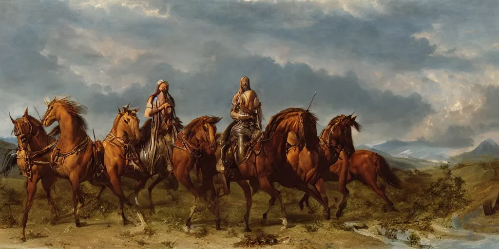 Prompt: artwork by eugene von guerard, the four horsemen