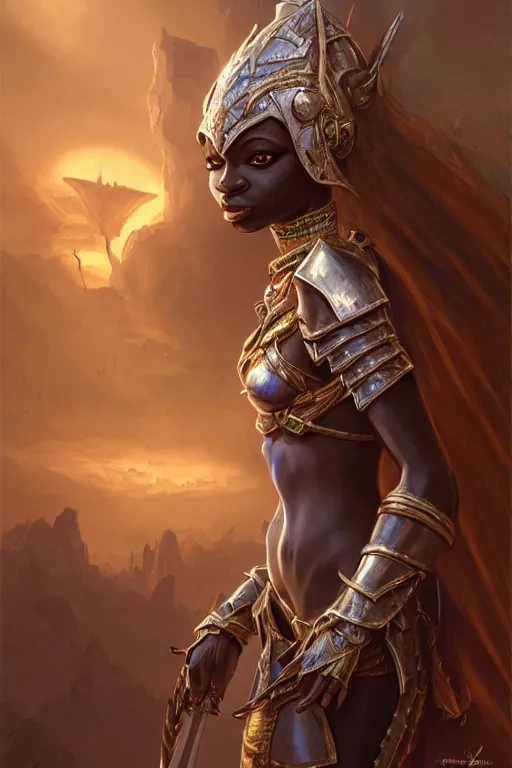 Prompt: african drow princess, wearing armour, highly detailed, d & d, fantasy, highly detailed, digital painting, trending on artstation, concept art, sharp focus, illustration, global illumination, ray tracing, realistic shaded, art by artgerm and greg rutkowski and thomas cole and wayne barlowe