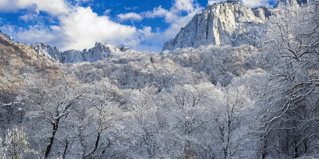 Image similar to beautiful idyllic poster for a craggy snow valley national park